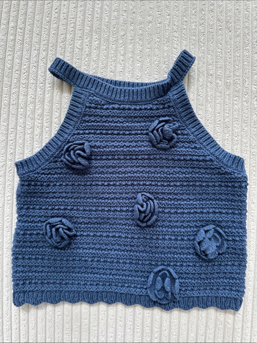 Art Class Girl’s Blue Knit Floral Appliqué Halter Sweater Tank in Size S